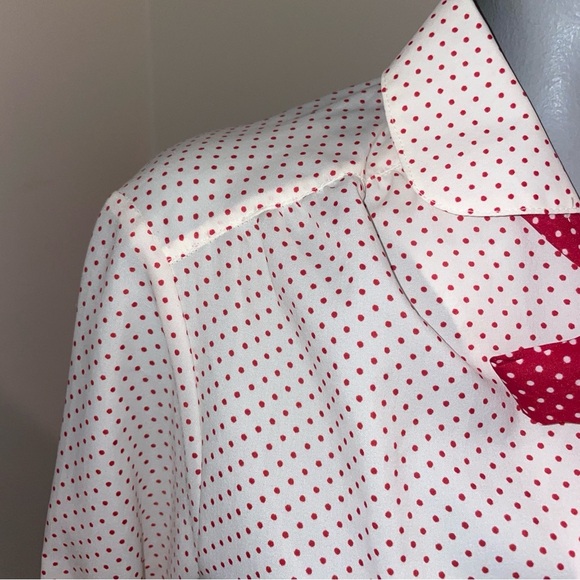 Koret vintage blouse long sleeve button down sash white red polka dot medium - Picture 2 of 9